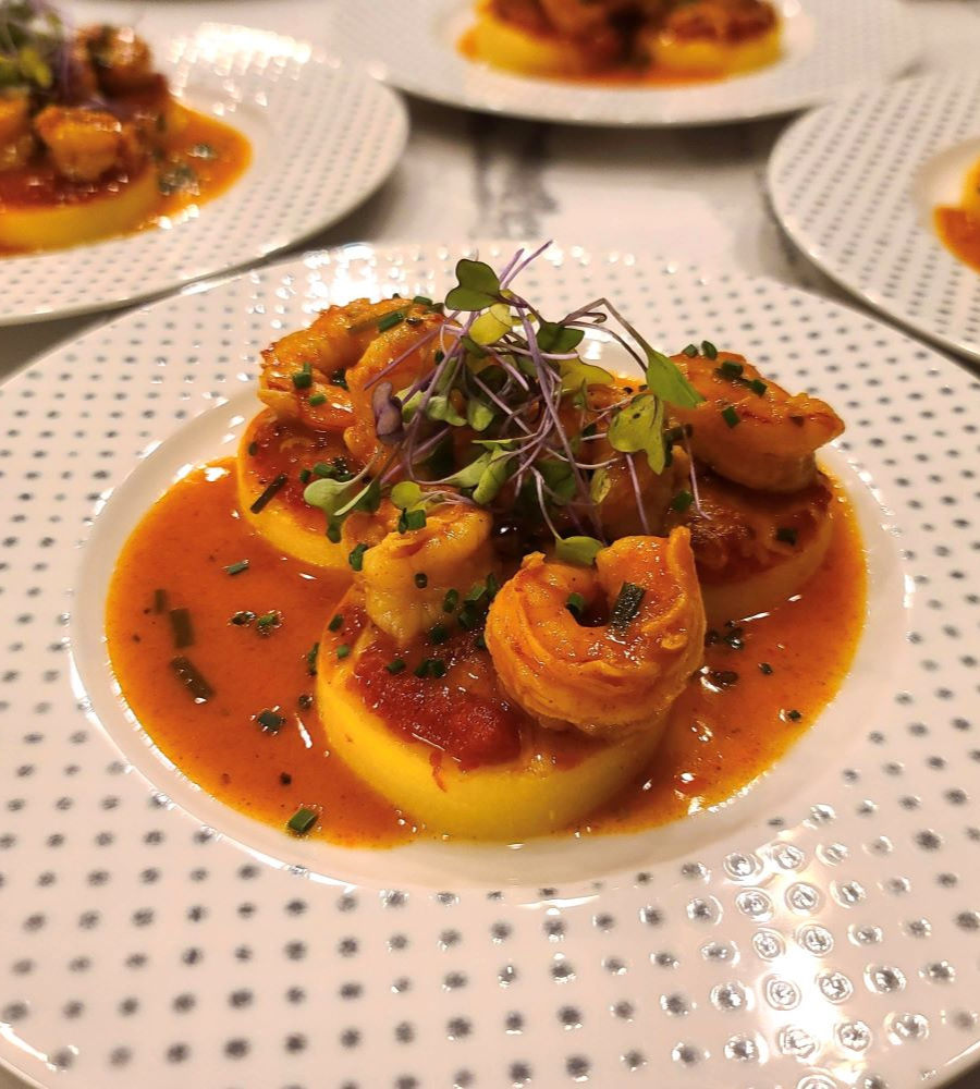 Smoky Shrimp on Parmesan Polenta Cakes