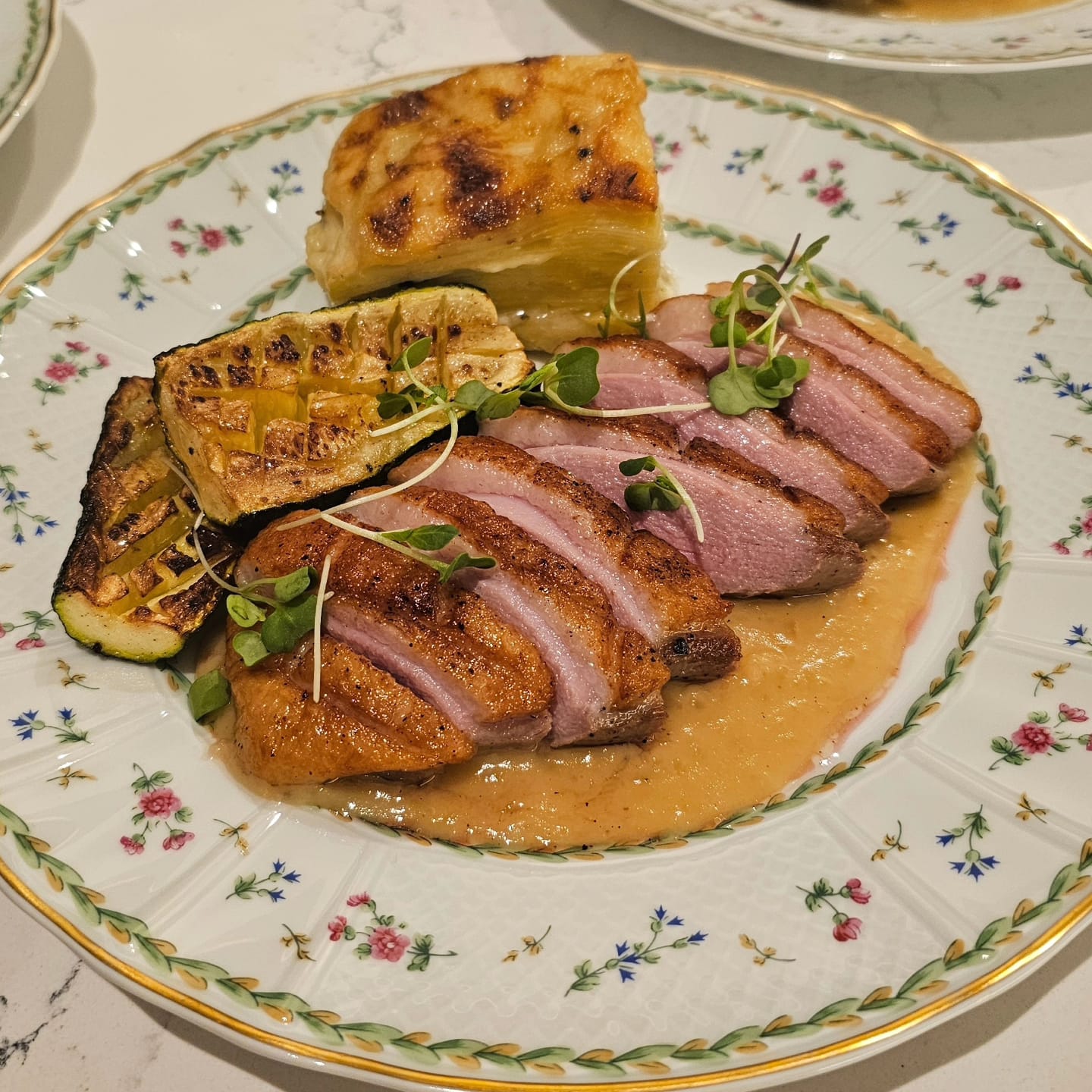 Sous Vide Duck Breast with Ginger-Rum Sauce, Potatoes Dauphinoise, Roasted Zucchini