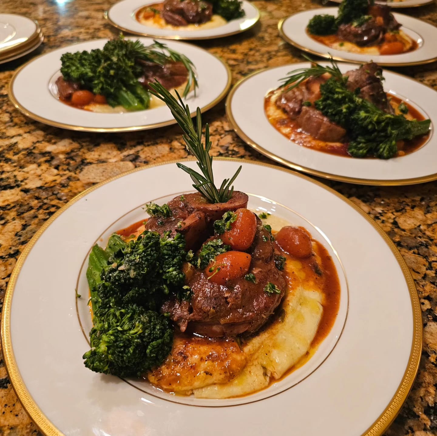 Veal Osso Buco with Gremolata, Creamy Polenta, Broccolini