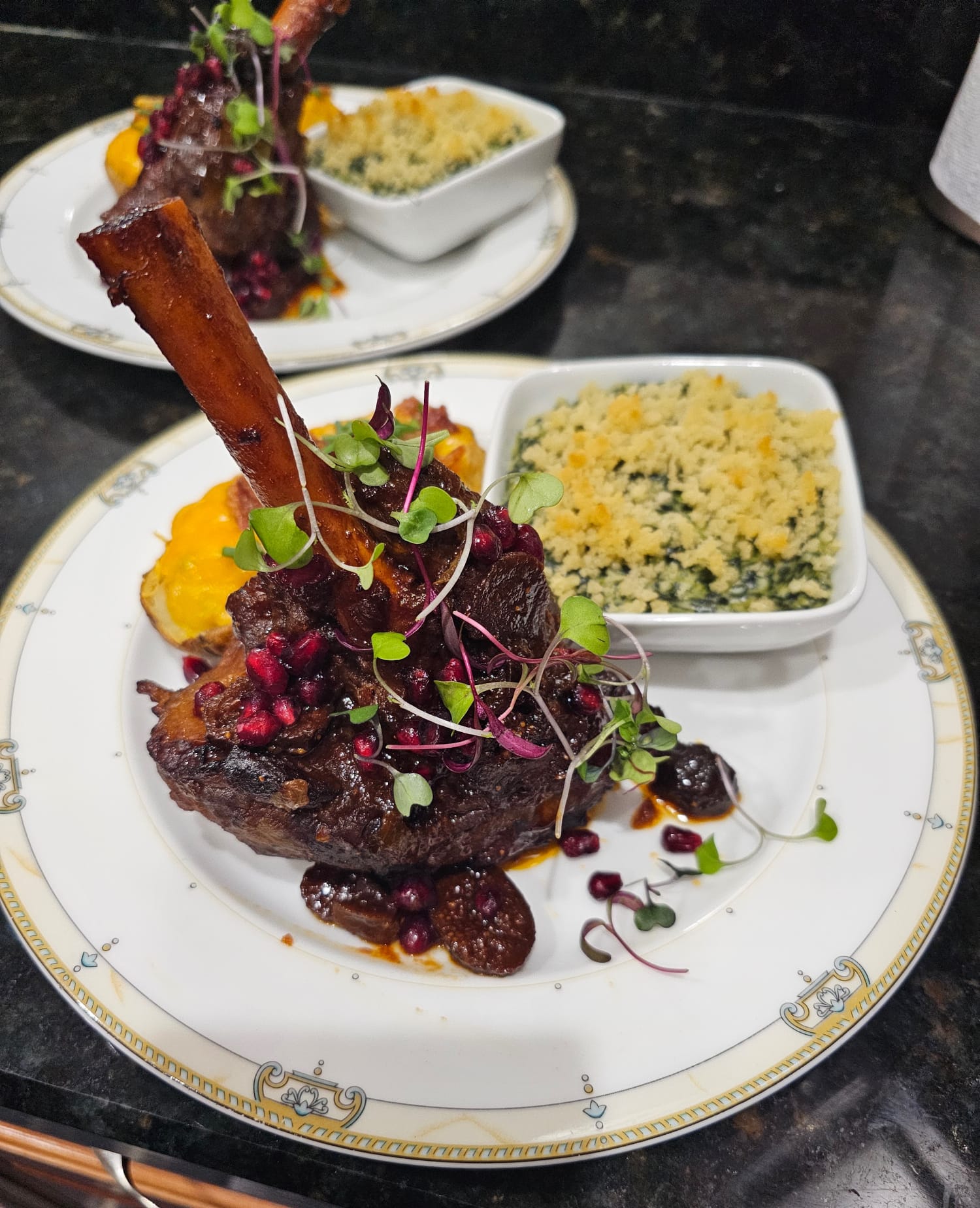 Pomegranate Fig Lamb Shanks with Creamed Spinach, Baked Potatoes