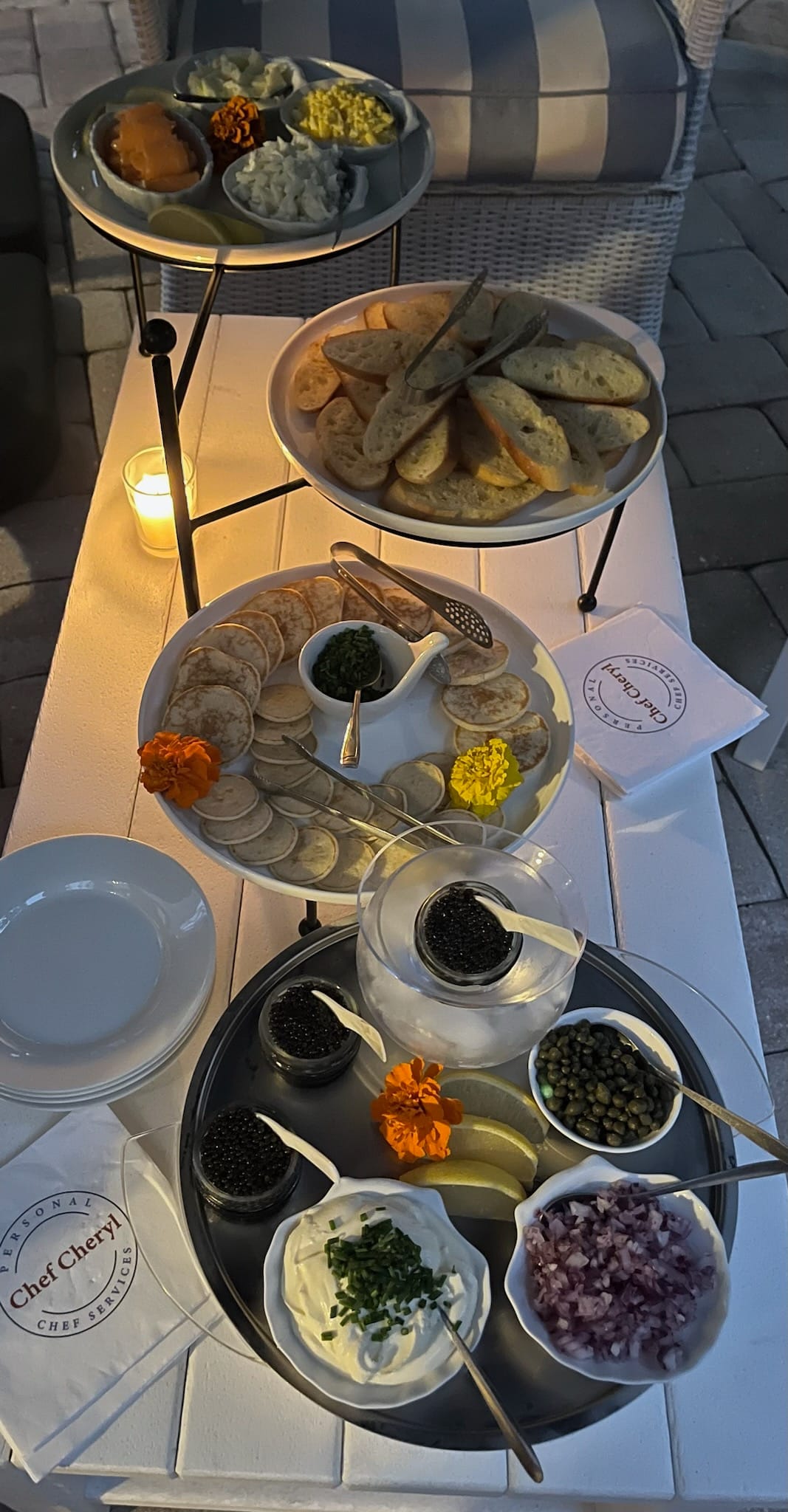 Caviar Platter with Blinis, Toast Points, Creme Fraiche, Butter, Chopped Egg, Onion & Capers