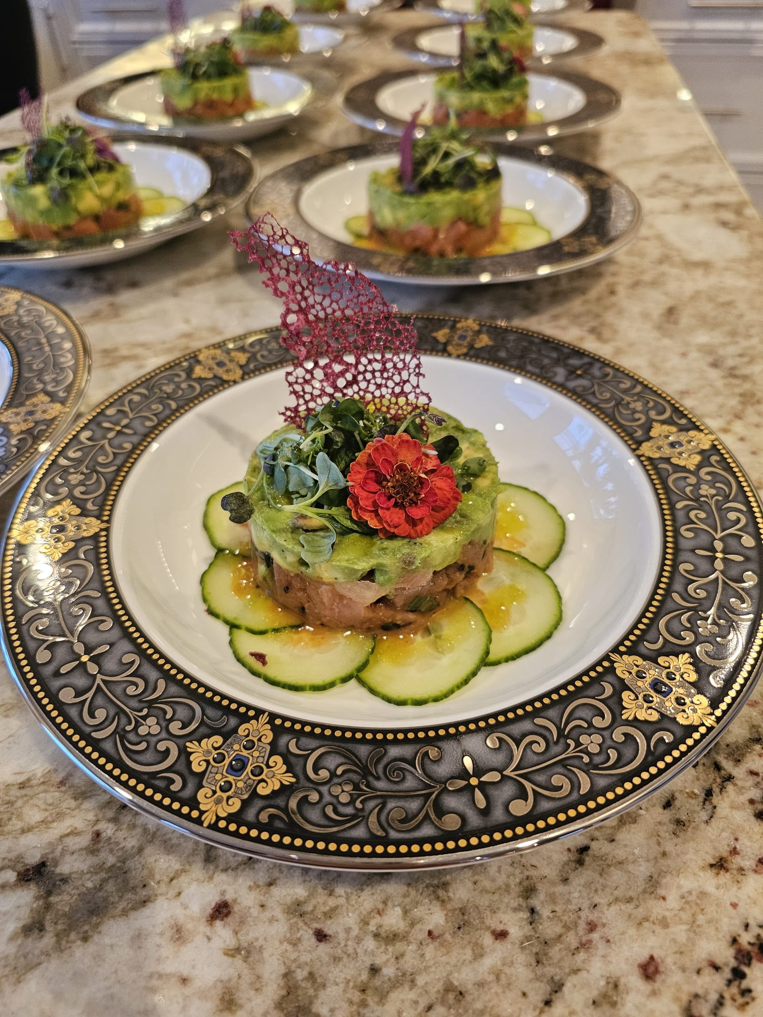 Crab & Avocado Stack with Pickled Ginger & Edible Coral